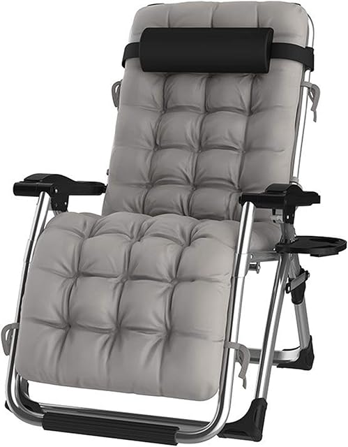 DQCHAIR Sun Loungers, Outdoor Reclining Zero Gravity Chair with Cup Holder, Extra Wide Adjustable Lounger Chair for Patio Garden Beach Pool, with Cushions Support 200kg (Color : Silver)