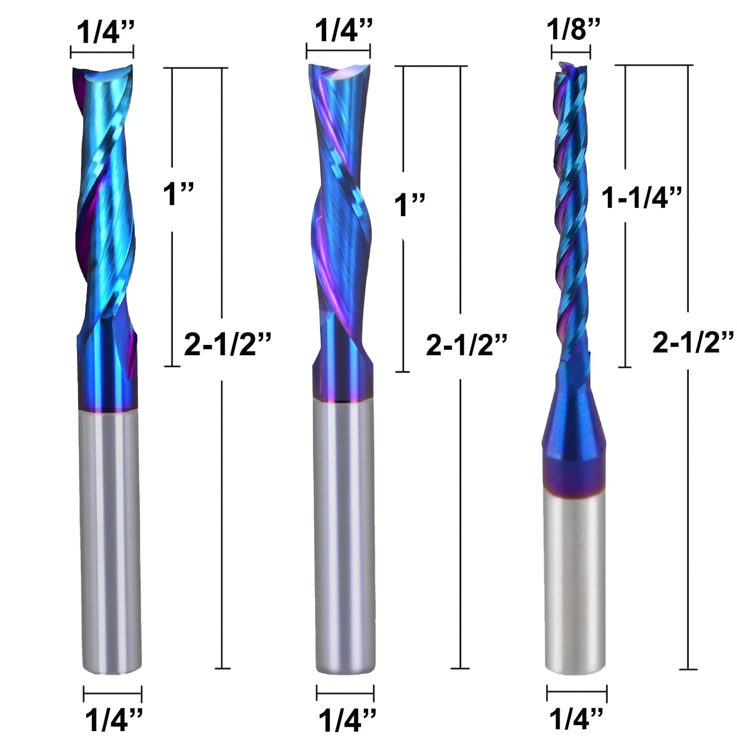 5 PCS CNC Router Bits 1/4 inch Shank End Mill with NACO Blue Coating for Side Milling,End Milling,Finish Machining CNC Starter Set