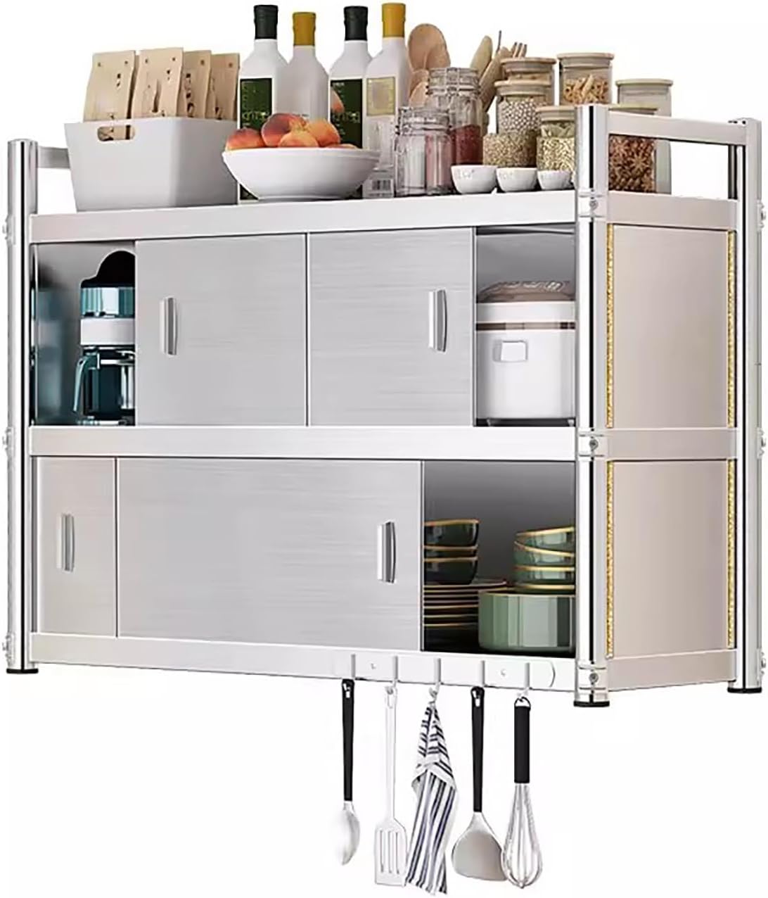 304 Stainless Steel Wall-Mounted Kitchen Cabinet - Brushed Metal Storage Solution with Sliding Doors for Bathroom, Garage & Restaurant Organization