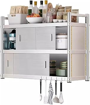 Stainless Steel Kitchen Wall Cabinet - 304 Brushed Metal Pantry Storage with Sliding Doors - Wall-Mounted Organizer for Bathroom, Garage & RestaurantL120xW30xH90cm