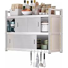 Stainless Steel Kitchen Wall Cabinet - 304 Brushed Metal Pantry Storage with Sliding Doors - Wall-Mounted Organizer for Bathroom, Garage & RestaurantL35.4xW11.8xH35.4in