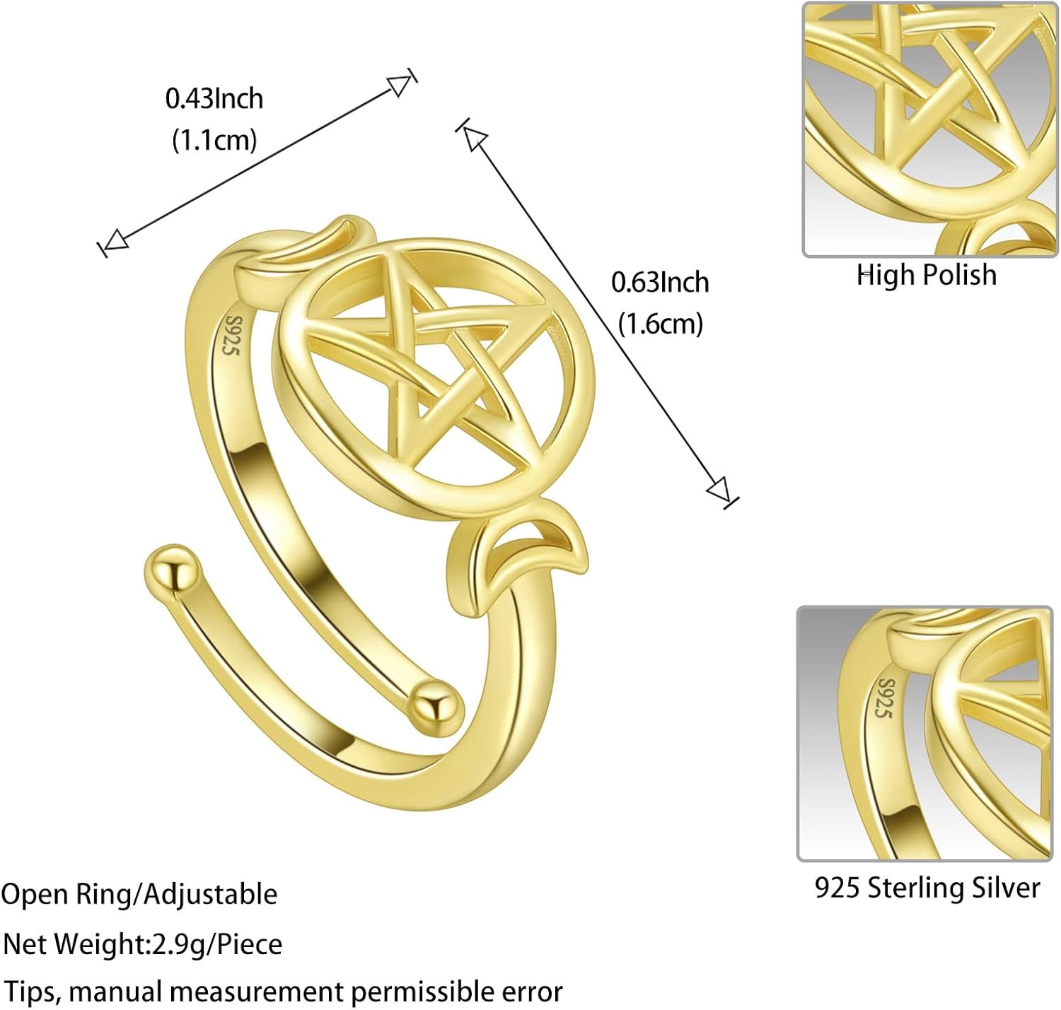 Jewmon 925 Sterling Silver Pentacle Pentagram Ring for Women Wiccan Triple Moon Ring Adjustable Goddess Amulet Wrap Open Ring Protection Witch Pagan Jewelry Gifts for Mom Daughter