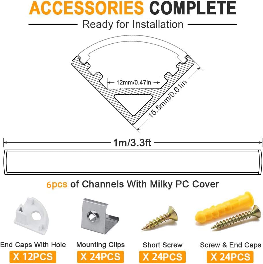Chesbung Aluminium Profile for LED Strip 1 m, Pack of 6 U-Shape for LED Strip Strip Up to 12 mm Including Indirect Lighting Ceiling with Transparent Cover, End Caps and Mounting Material