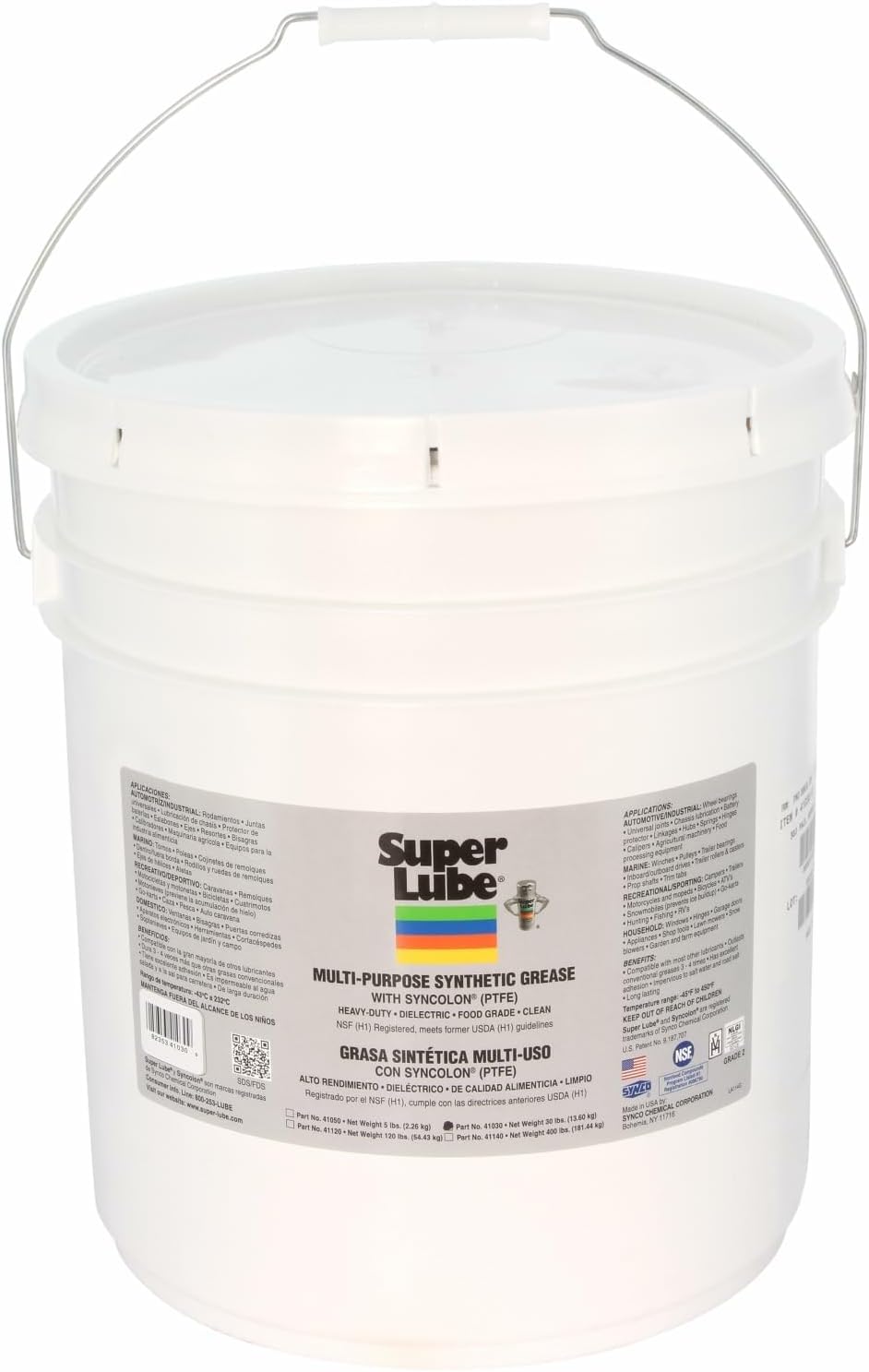 Super Lube Multi-Purpose Synthetic Grease w/Syncolon - Water Resistant Grease - Food Grade - Long-Lasting Electric or Mechanical Lubricant - Translucent White - Pail - 30 lb (41030)