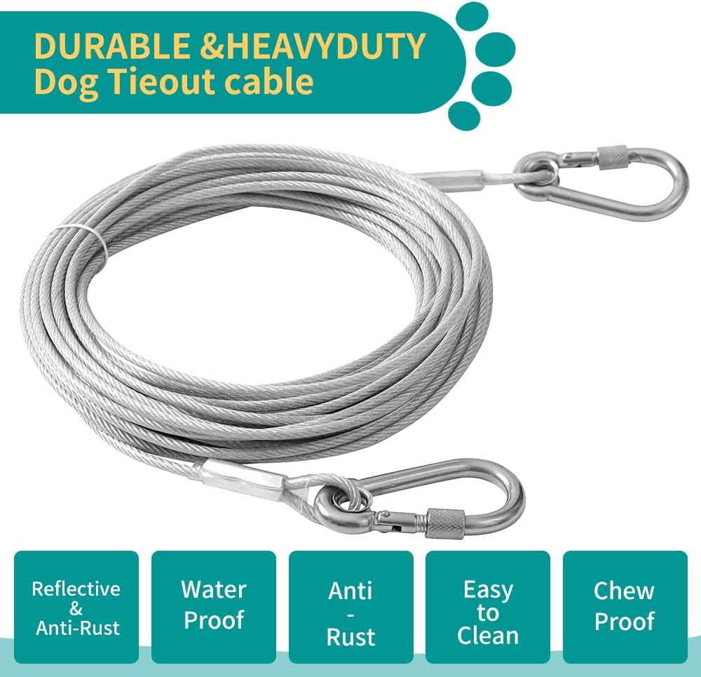 Dog Tie Out Cable, 10/15/20/30/40/50FT Cable with Swivel Hook and Shock Spring, Heavy Duty Leads for Yard, Outdoor and Camping, Dog Lead Runner (Silver, 100ft 120Ibs)