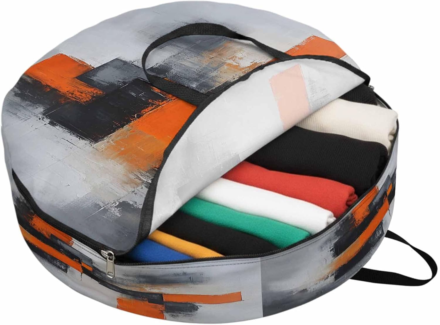 Abstract Color Stitching Round Storage Bag 36 Inch, Orange Black Graffiti Art Clothes Storage Container with Handles Heavy Duty Organizer for Comforter, Bedding & Holiday Wreaths