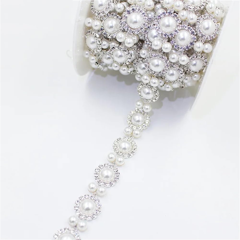 Generic 1/5Yards Pearl Round Drill Silver Metal Crystal Webbing Rhinestone Trim for Clothing Shoes Bag 03 5 Yards