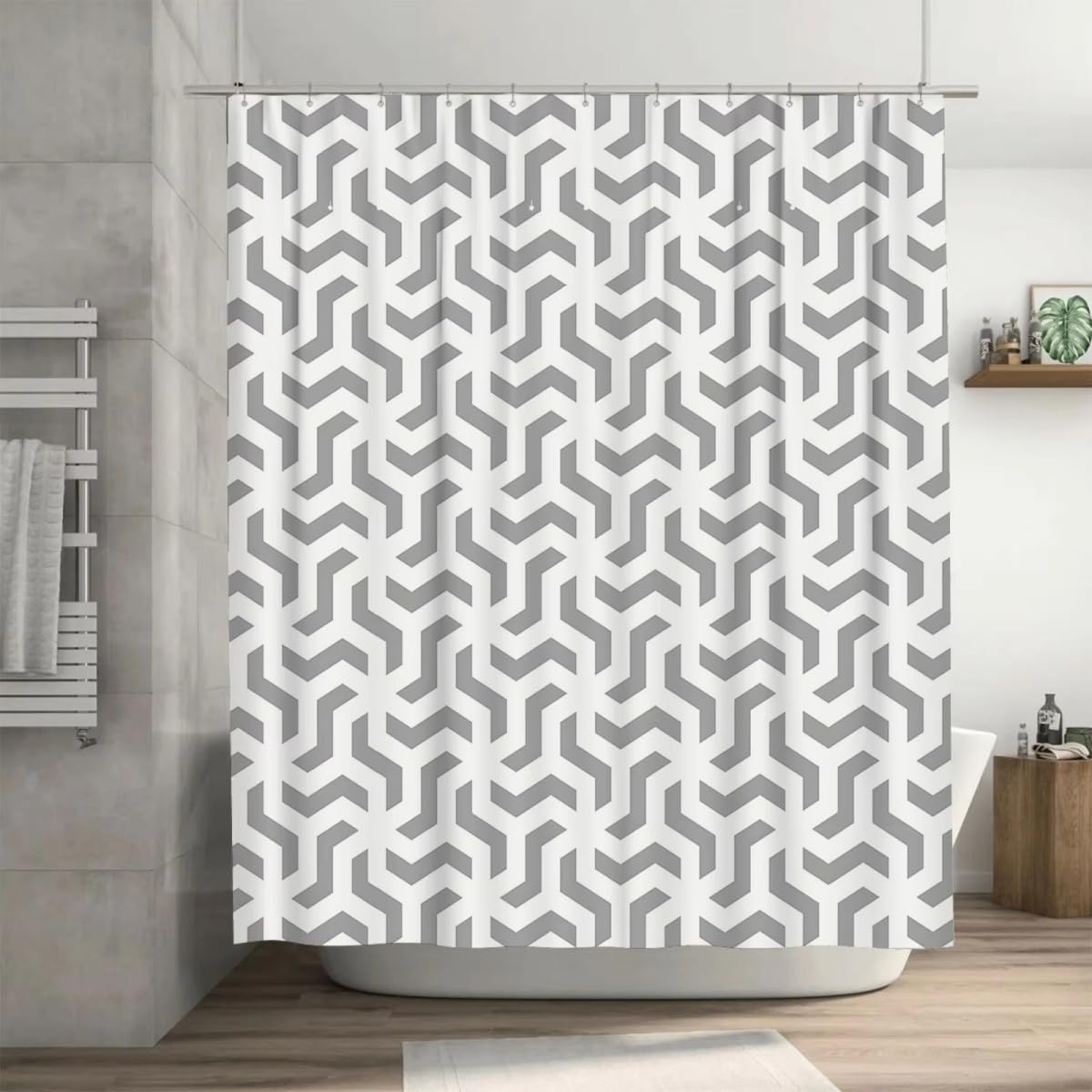 Duschvorhang 240X200 mit Geometrischem Muster in Grau Und Weiß,Badezimmervorhang mit Chevron-Muster,Wasserdichter Badewannenvorhang aus Polyester mit Haken,