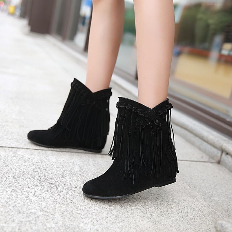 Womens Ankle Fringe Boots Round Toe WinterWide Calf Flat Tassel Moccasin Boots Casual Hidden Wedge Low Heel Ankle Boots4