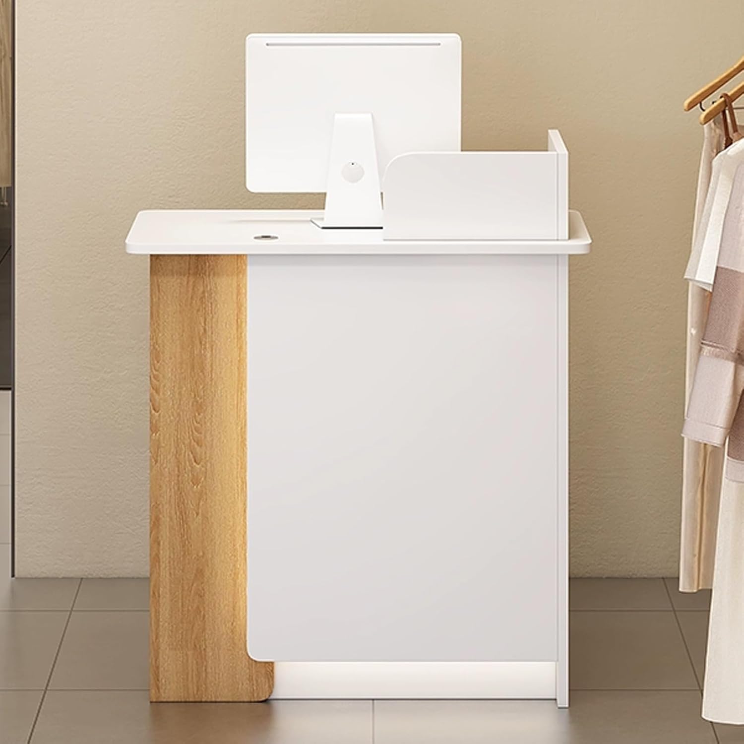 Reception Desk, Front Desk Reception Counter with Counter, Front Counter Desk with LED Lights and Lockable Drawers, Lobby Retail Checkout Counter Table(Brown-Left,31.4" x80cm)