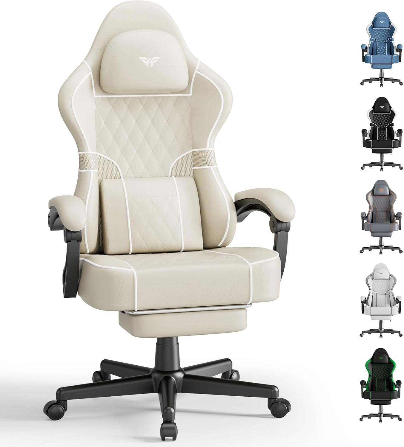 Soontrans PU Leather Gaming Chair with Massage Lumbar Cushion & Footrest