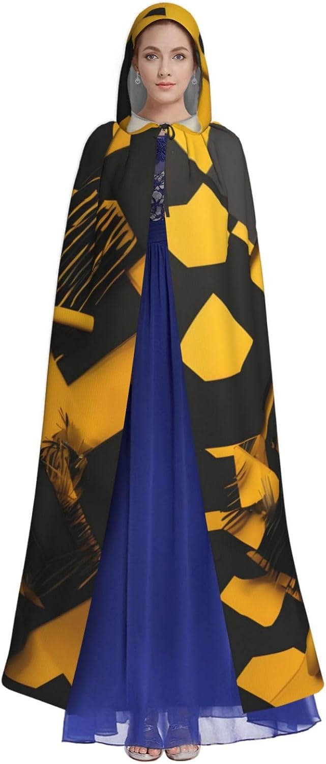 Mustard Yellow and Black print Halloween Hooded Robe Cloak for Adult Men Women Wizard Vampire Knight Fancy Cape Costume