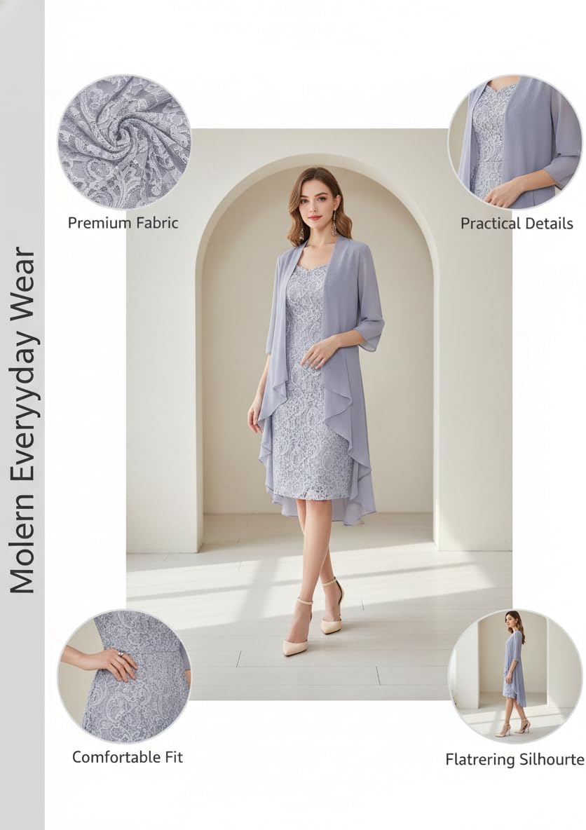 2-Piece Wedding Guest Dresses for Women Elegant Lace Dress with Chiffon Jacket Formal Cocktail Evening Outfit - Image 3