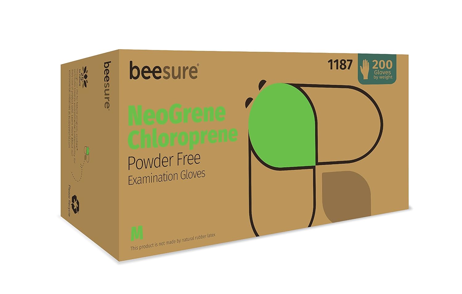 BeeSure BE1187case NeoGrene Chloroprene Powder Free Exam Gloves, Medium, Lime Green (Pack of 2000)