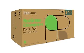 BeeSure BE1187 NeoGrene Chloroprene Powder Free Exam Gloves, 3.2 mil, Green, Medium Pack of 200