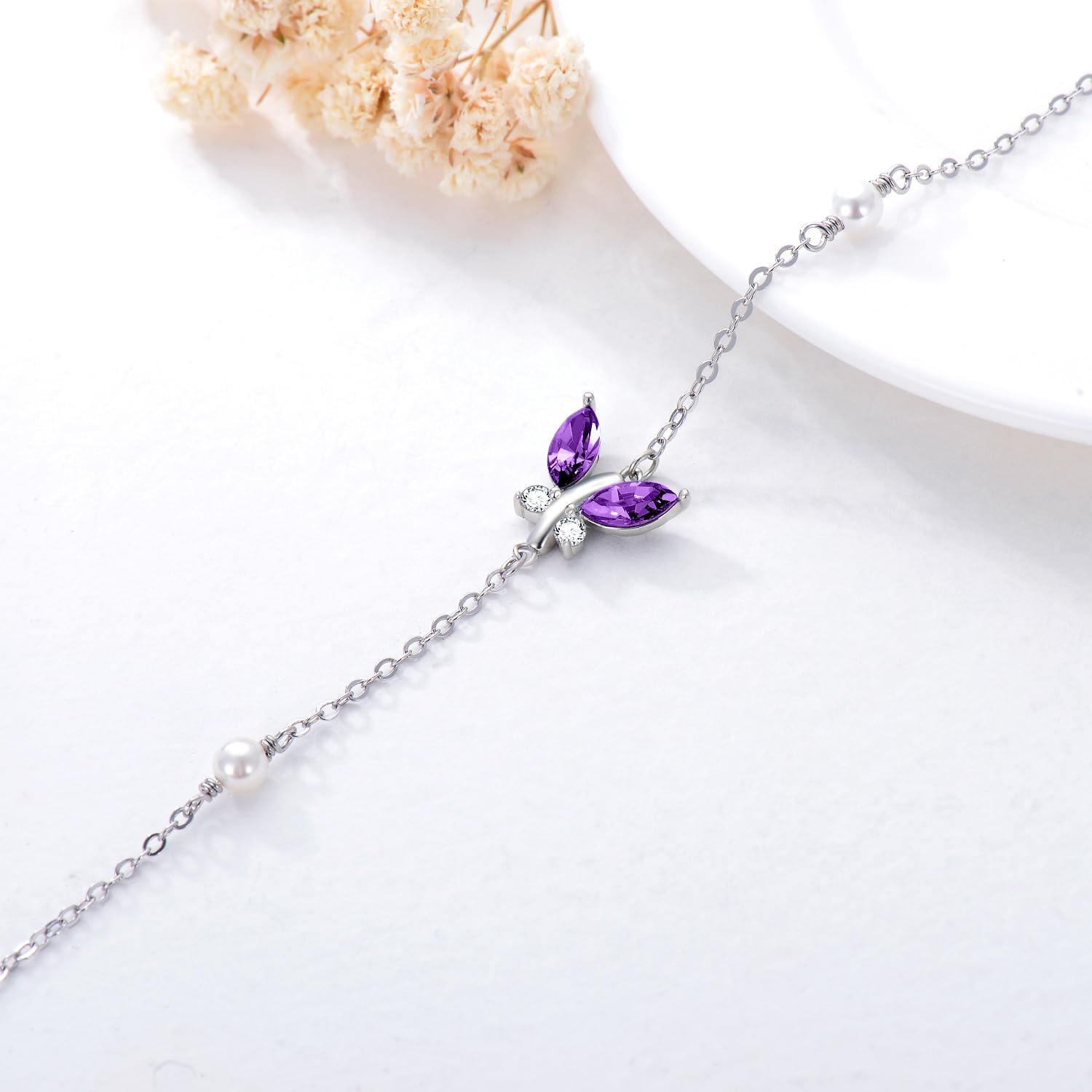 AOBOCO 925 Sterling Silver Butterfly Link Adjustable Bracelet with Birthstone Crystal from Austria, Butterfly Jewelry Gifts for Women 7-9 inches - Image 3