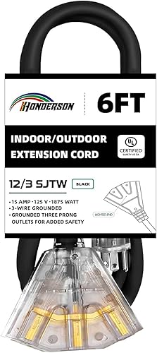 Miniatura 9 de HONDERSON Cable de extensión iluminado para exteriores de 10 pies con 3 tomas de corriente, cable de extensión blanco resistente SJTW 143 con