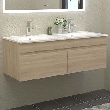 Meuble Salle De Bain Double Vasque HAPAOSO 120cm - Blanc, 4 Tiroirs, MDF, Lavabo Céramique
