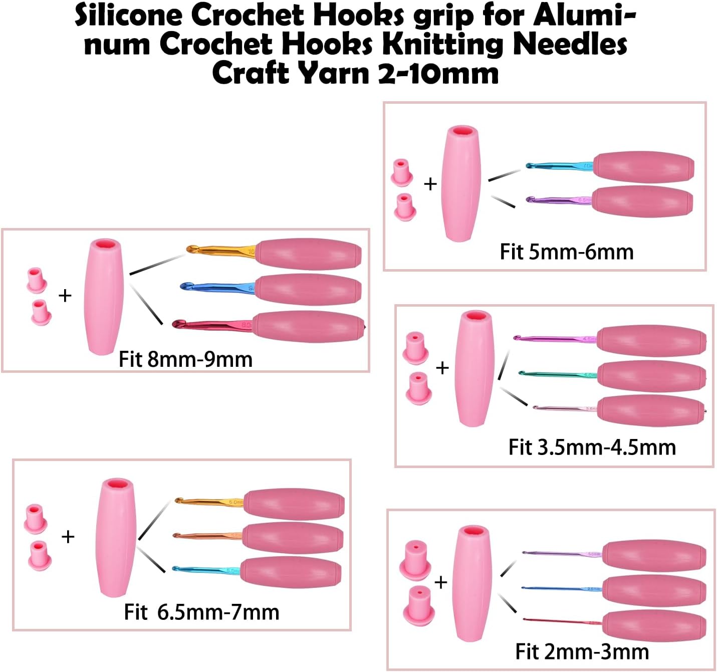 Dielianyi Silicone Crochet Hook Grip Multiple-Size Ergonomic Crochet Handle Interchangeable Crochet Hook Sleeve with Stitch Markers, Pink, 2mm-10mm