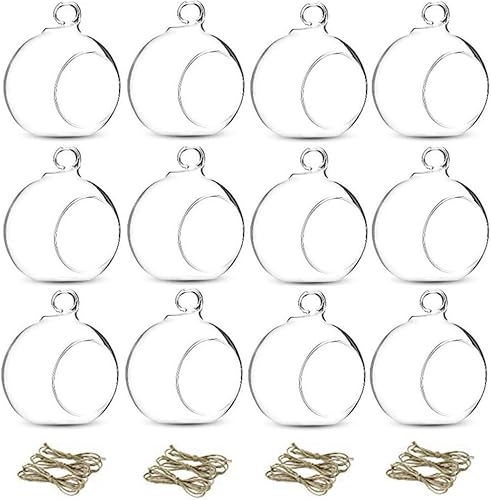 NUPTIO Hanging Glass Terrarium Globes, 12 Pcs, 3.15 Inch | Clear Round Orbs, Compact 8 cm Size, for Air Plants, Tealights, Votives, Wedding Centerpieces, Home Decor