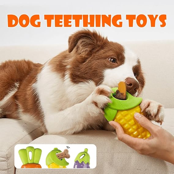 3-Pack Indestructible Dog Chew Toys for Aggressive Chewers, Squeaky Dog Teething Toys for Medium Large Dogs, Rubber Carrot Corn Eggplant Design