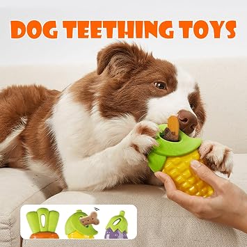 3-Pack Indestructible Dog Chew Toys for Aggressive Chewers, Squeaky Dog Teething Toys for Medium Large Dogs, Rubber Carrot Corn Eggplant Design