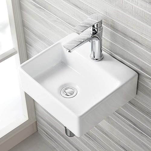 Miniatura 5 de Fregadero de baño de cerámica de montaje en pared de 16 x 12 pulgadas, fregadero rectangular con orificio para grifo, perfecto para baños pequeños