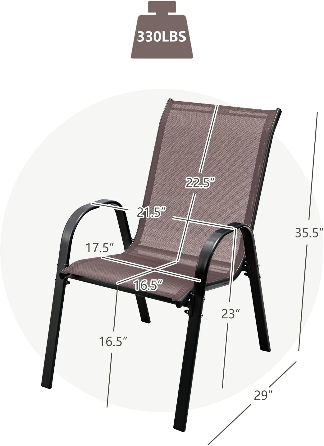 Diagram showing detailed dimensions of the Giantex patio chair, including height, width, depth, seat height, and armrest height.