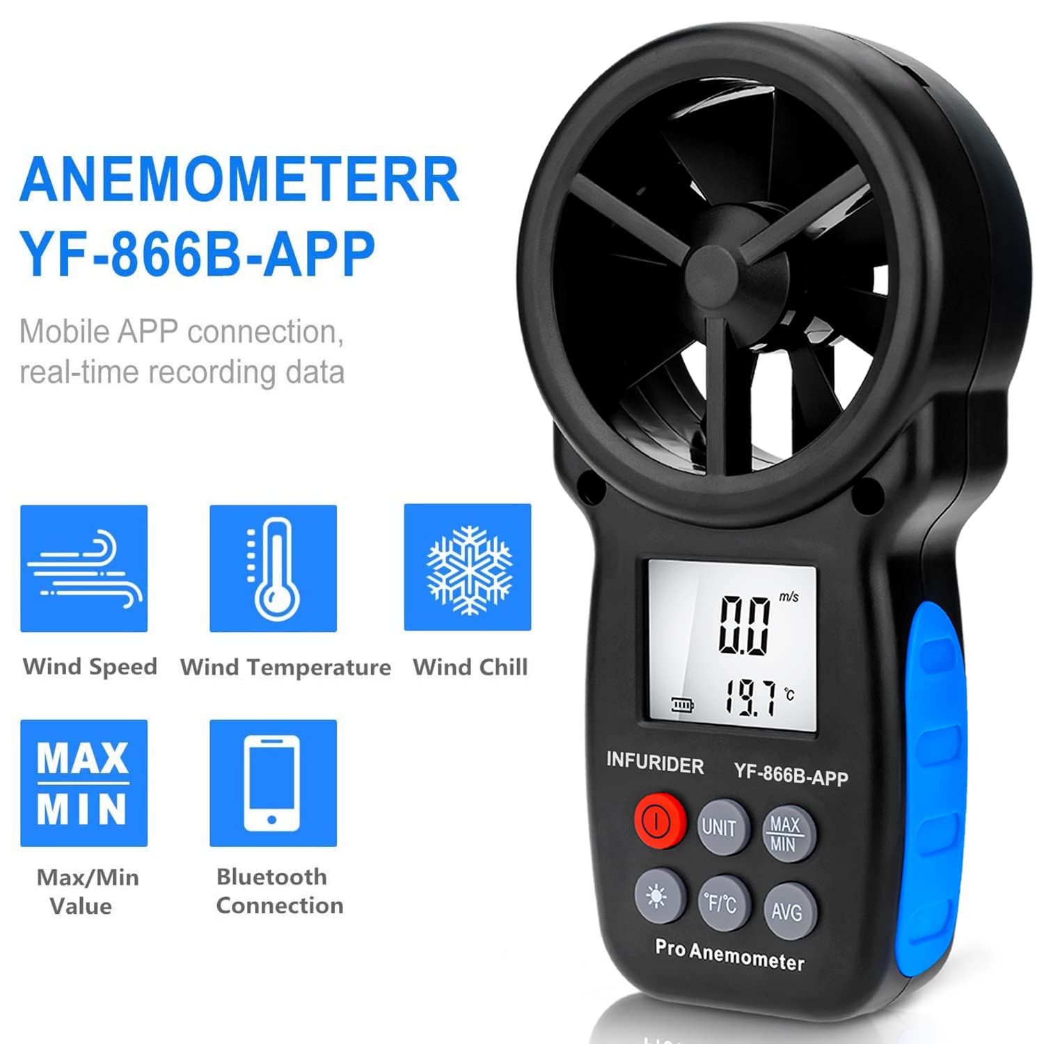 Digital Wireless Anemometer with APP via Bluetooth, Handheld Wind Speed Meter Wind Gauge for Measuring Wind Velocity/Temperature with Backlit, Max/Min/Avg(INFURIDER YF-866APP)