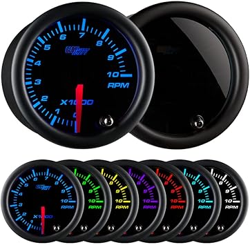 GlowShift Tinted 7 Color 10,000 RPM Tachometer Tach Gauge - for 1-10 Cylinder Gas Powered Vehicle Engines - Includes Wiring - Multi-Color Display - Black Dial - Smoked Lens - 2-1/16" 52mm