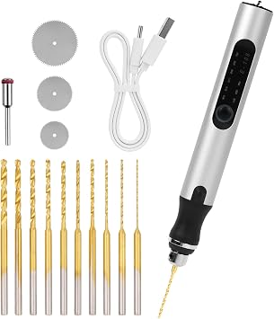 Adorila 3-Speed Cordless Mini Drill Pen with 10 Small Drill Bits, Rechargeable Electric Hand Drill, Resin Drill Set for Jewelry Making Plastic Wood Keychains DIY Silver