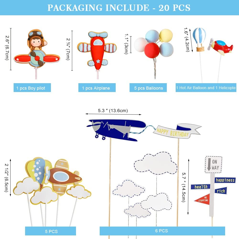 Airplane Themed Cake Toppers - Set of 20 - Airplanes, Hot Air Balloon, Balloons, Clouds, Road Sign and Happy Birthdany Cake Topper