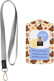 Badge Holder with Zip, PU Leather ID Card Holders, with Neck Lanyard/Strap, Vertical Compatible with Cute Thanksgiving Turkey Art