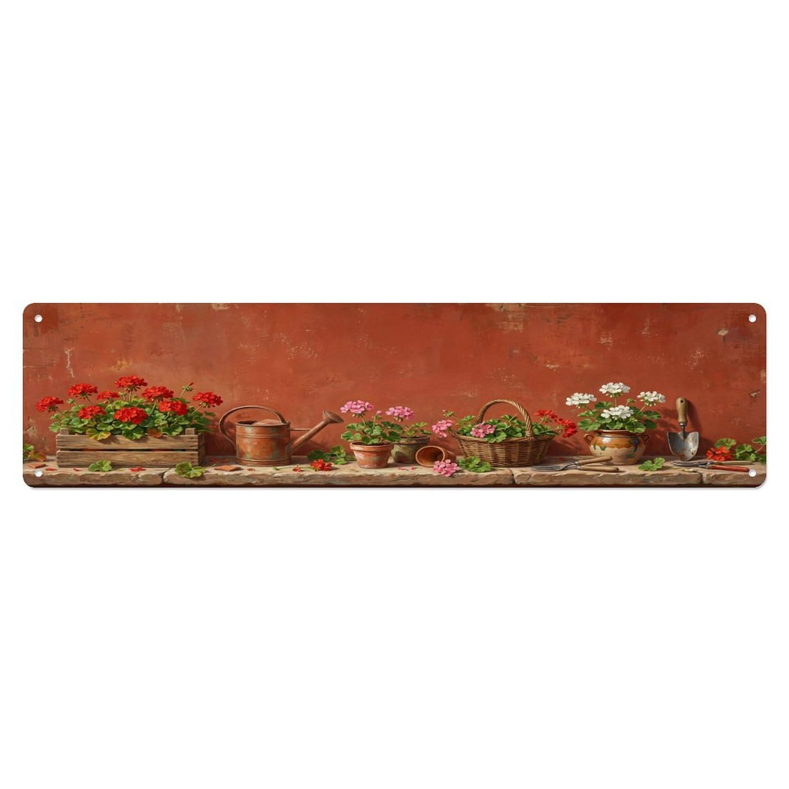 Floral Garden Tools Geranium Crate Pattern Print Metal Tin Sign