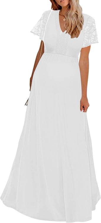 Y Lace Neckline Maternity Dress Lace Short Sleeve Maternity Maxi Dress for Baby Shower Maternity Photoshoot