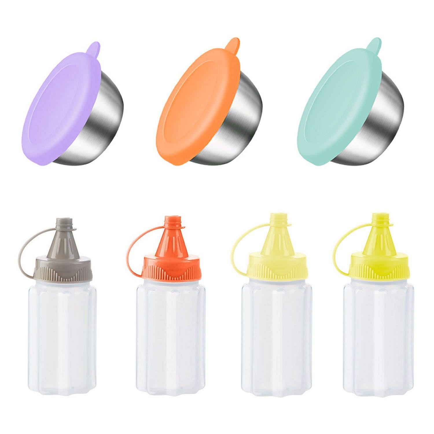 TVSVKWE 3 Pieces 50Ml Sauce Jar, 4 Pieces Extrusion Bottle, With Lid To Prevent Leakage, Reusable, Outdoor Convenient, Multi-Function Mini Container.