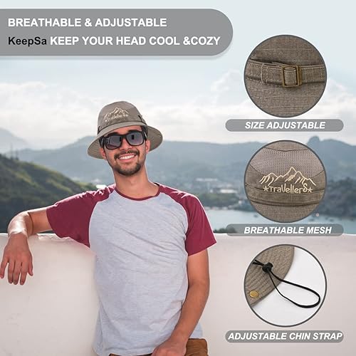 Miniatura 2 de KeepSa Sombrero de sol para hombre bordado de algodón protección solar al aire libre sombrero plegable de safari Boonie Marrón café