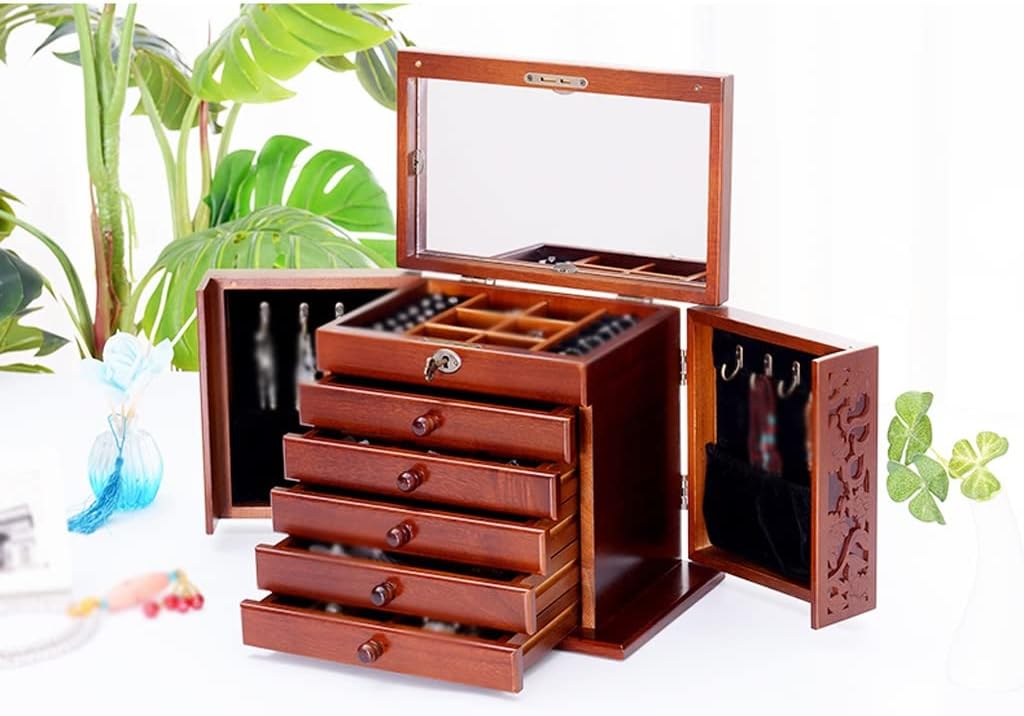 Jewelry Box, Jewerly Box Solid Wood Jewelry Box Wooden Lock Jewelry Storage Box Princess Multi-Layer Large Capacity with Mirror Jewelry Box Jewelry Storage Box Jewelry Box for Women(C) (B 31x19x25CM)