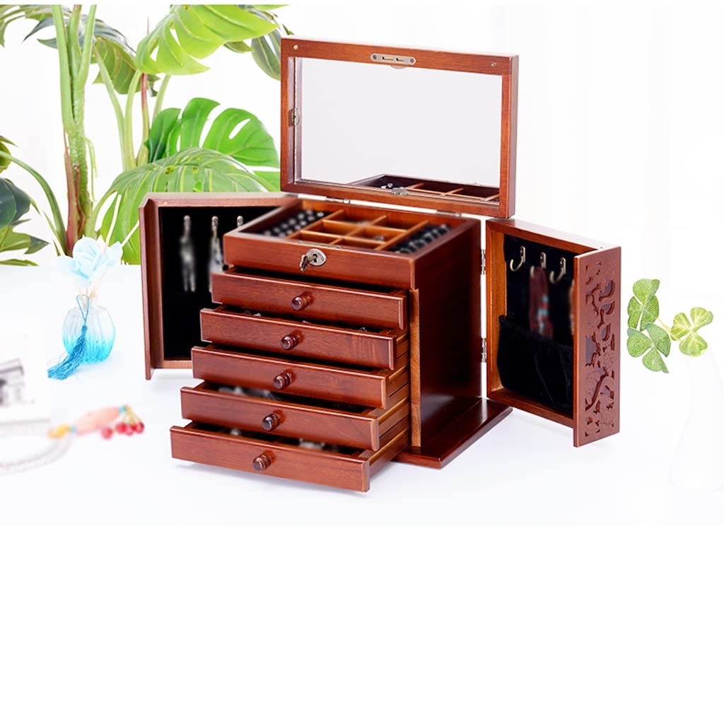 Jewelry Organizer Box Solid Wood Jewelry Box Wooden Lock Jewelry Storage Box Princess Multi Layer Large Capacity with Mirror Jewelry Box