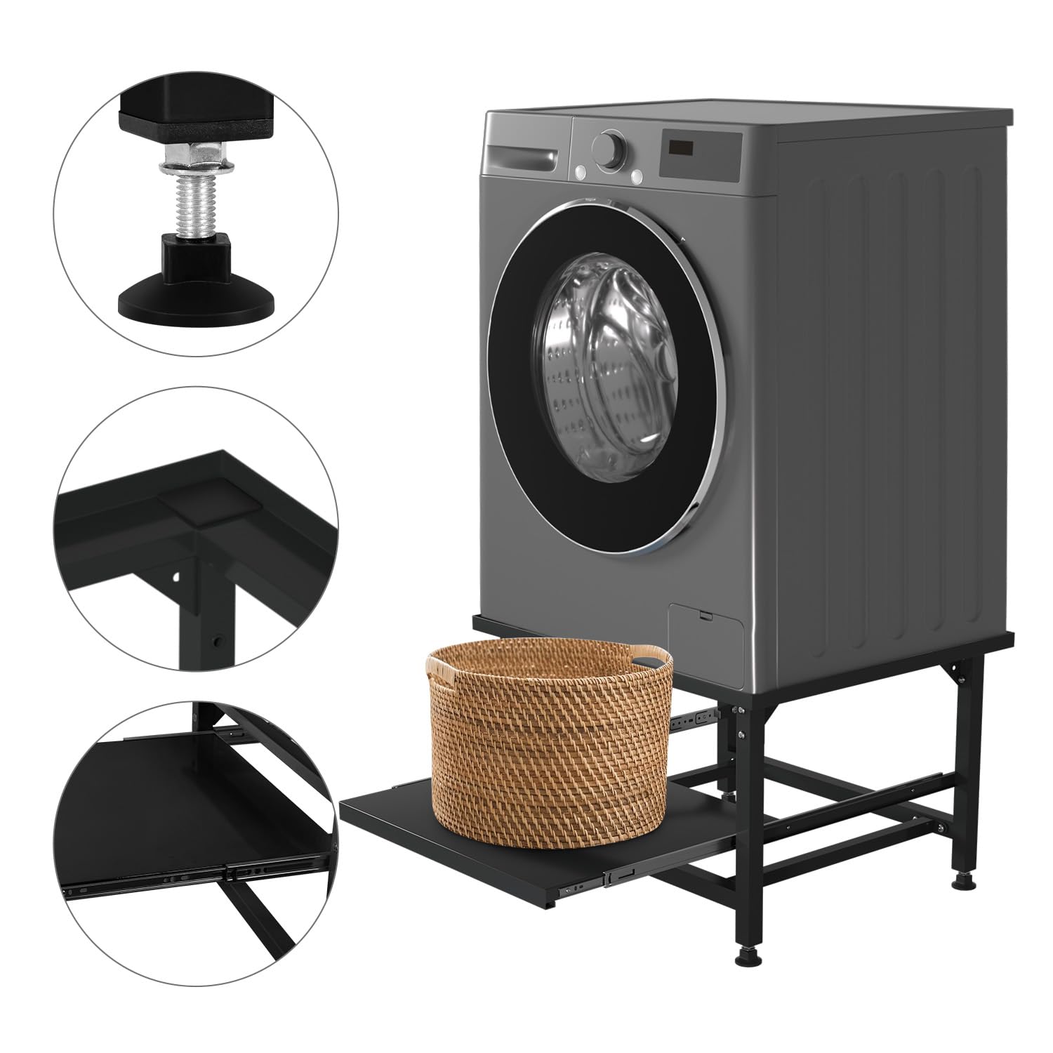 Herrselsam Base per lavatrice con ripiano estraibile, altezza 42 cm, piedini regolabili in altezza e assorbimento del rumore, base per lavatrice con cassetto estraibile a 3 livelli, portata 150 kg