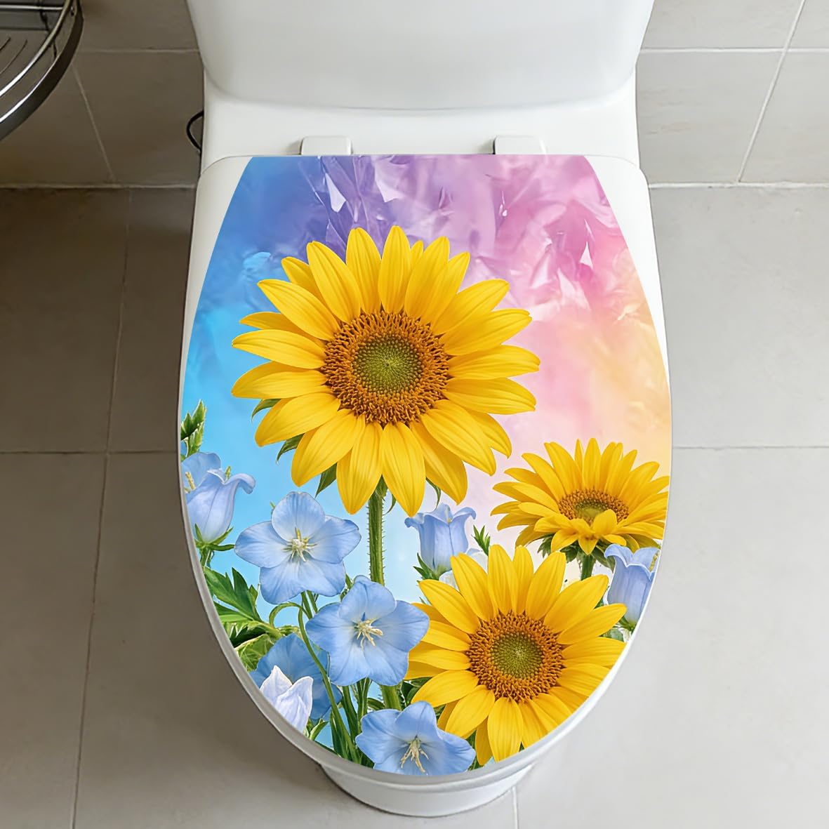 Sunflower Floral Toilet Stickers Flower Leaf Toilet Seat Cover Sticker Waterproof Toilet Seat Lid Decal Bathroom Decoration (Sunflower)
