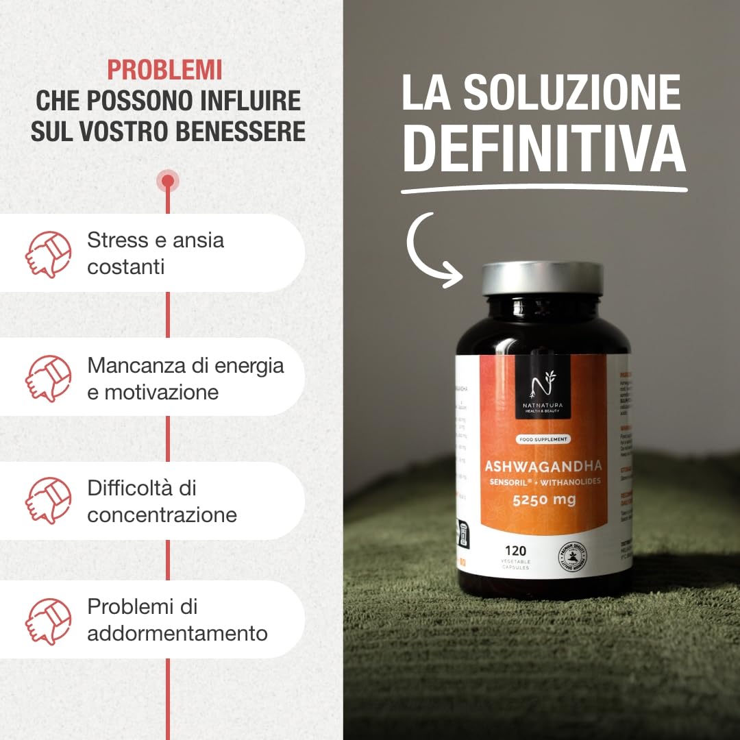 Ashwagandha Sensoril® 5:1 + Estratto 10:1 | 5250 mg al giorno | Concentrazione superiore al KSM-66 | Energia naturale, equilibrio emotivo e concentrazione | 120 capsule vegane.