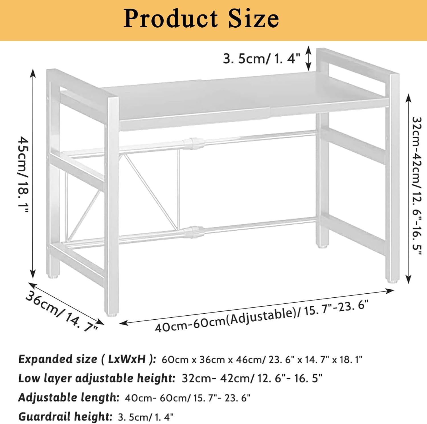 Yuehuam Extendable Microwave Oven Rack, Adjustable Height Microwave/Toaster Shelf Stand for Kitchen Countertop Storage, Heavy Duty Carbon Steel 2- Tier Shelf for Kitchen Counter