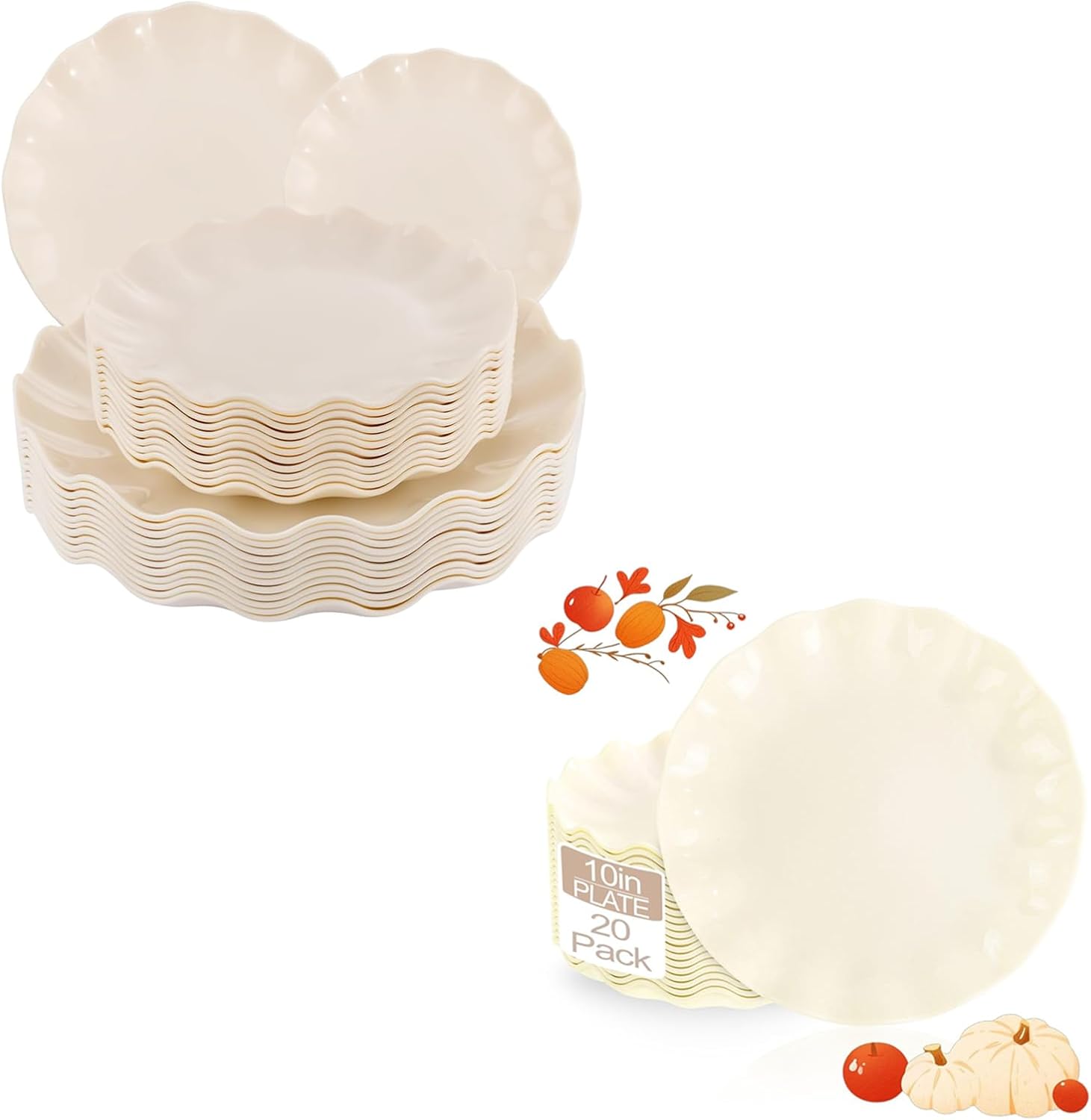 LIYH 24 Pcs Plastic Plates Reusable,Unbreakable Dinner Plates,20 Pcs 10 Inch Beige Plastic Plates Reusable - Outdoor Picnics Dishwasher Safe BPA Free