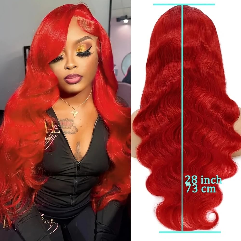 ANDRIA 13x4 HD Transparent Red Lace Front Wigs 200% Density Body Wave Lace Frontal Wig Loose Wave Natural Wine Red Glueless Lace Wigs with Baby Hair Pre Plucked Hairline 28 Inch Wig For Black Woman