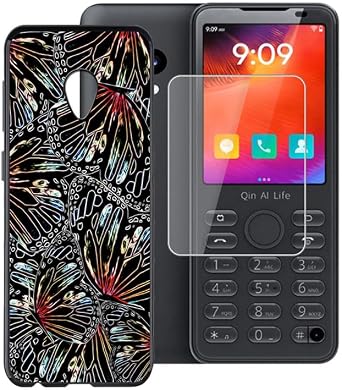 Black Soft TPU Bumper Phone Case for Duoqin F21 Pro+ 2.80" with 1 X Tempered Glass Screen Protector, Slim Silicone Shockproof Cover for Duoqin F21 Pro+ Butterfly