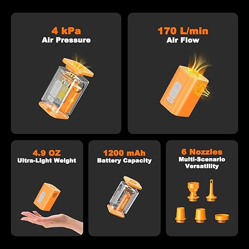 Miniatura 2 de Mini bomba de aire portátil con luz, batería recargable de 1200 mAh, inflado rápido de 4 kPa, compacta para campamento, flotadores de piscina e