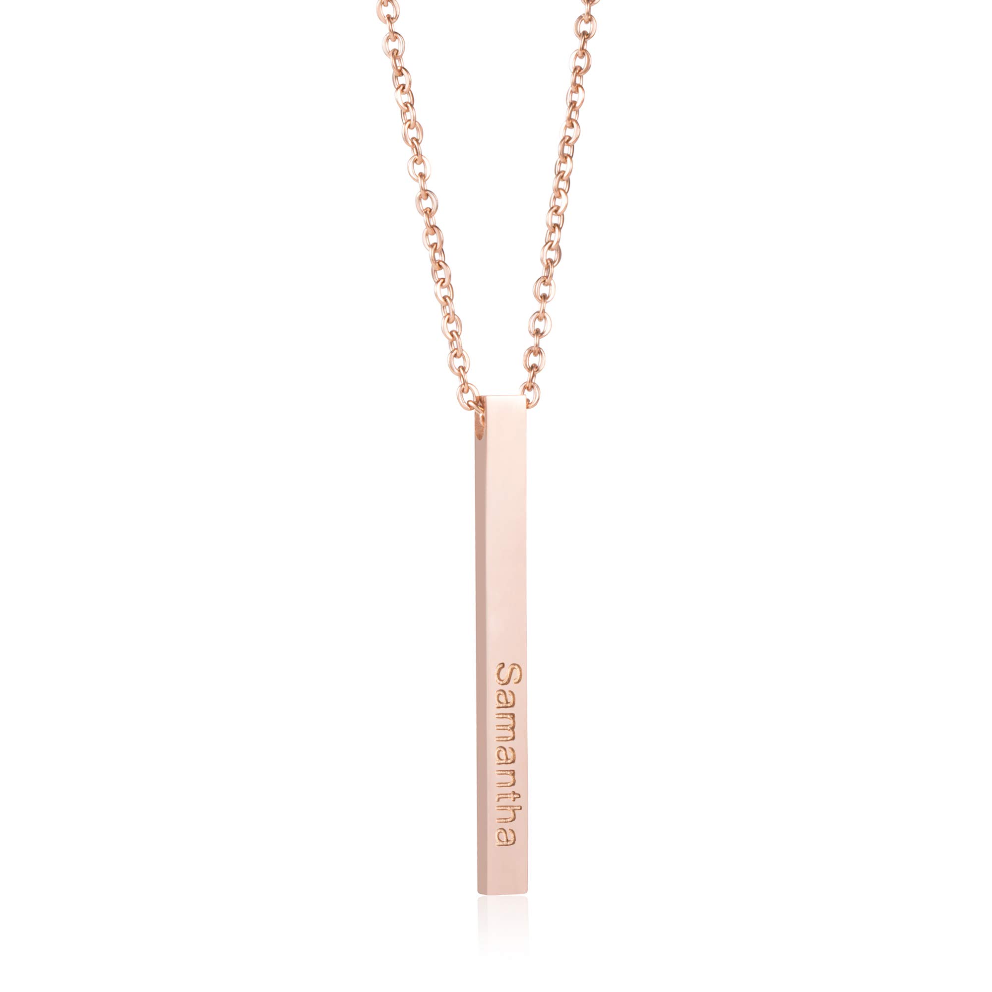 Personalized Name Necklace 18K Rose Gold Vertical Bar Pendant Stainless Steel Birthday Jewelry