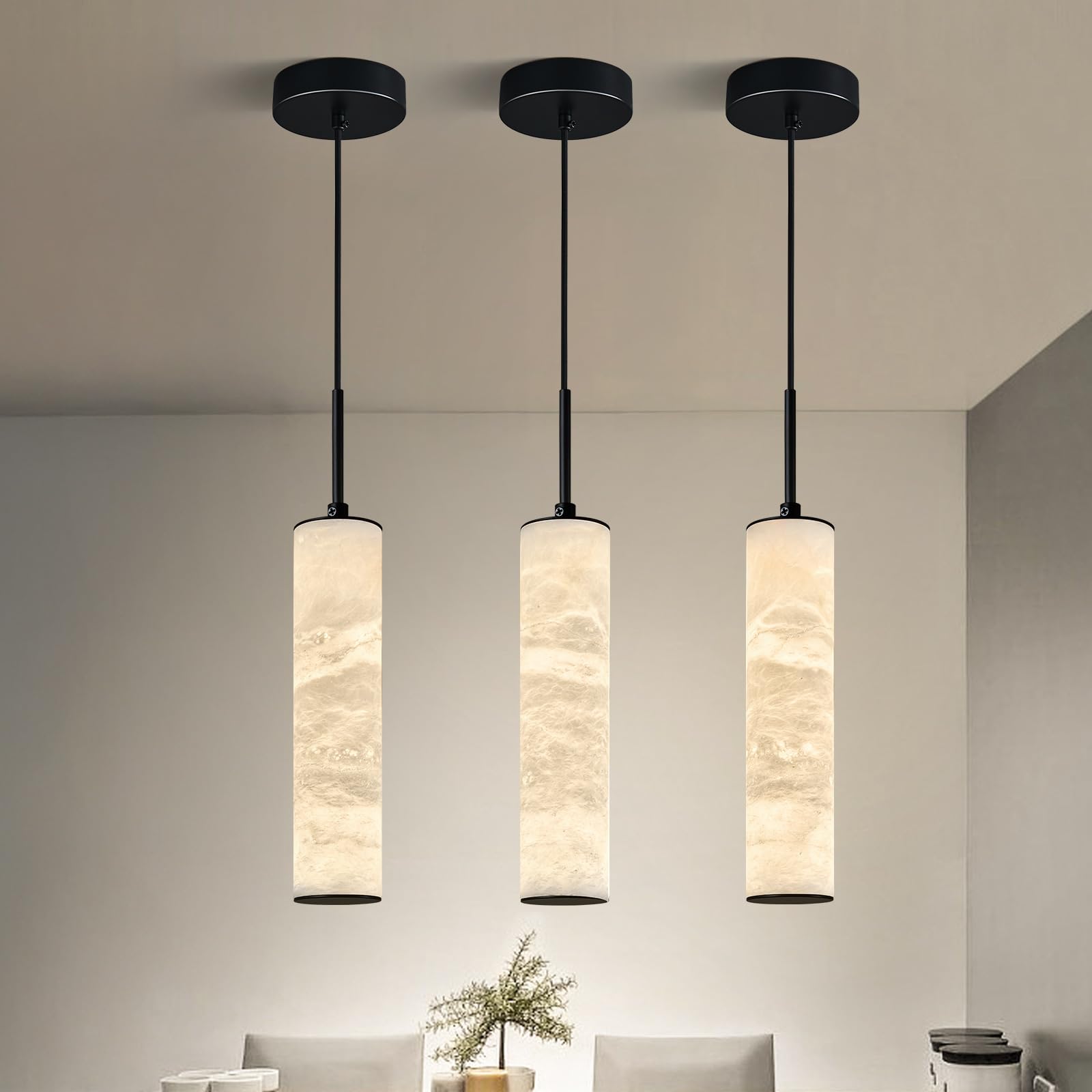 LMQNINE Natural Alabaster Pendant Lights 4000k Modern Black Ceiling Light White Marble Long Tube Chandelier for Kitchen Island Bedroom Dining Room Table Living Room (S-3Pack)