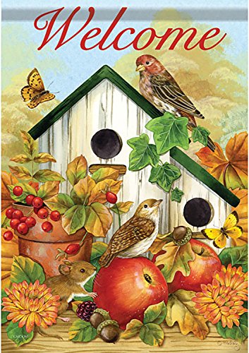 Bird Neighbors House Flag Fall Birdhouse Apple Butterfly Acorn 28" X 40" Carson #TOP1